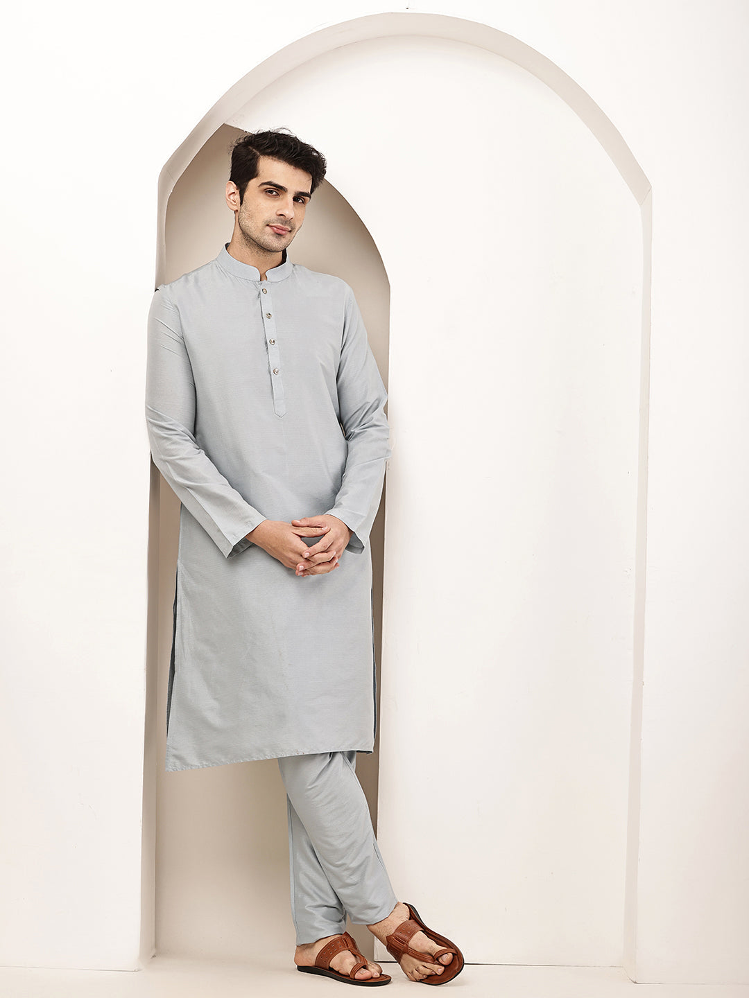 Men's Blue Straight Viscose Silk Kurta | SHOBITAM