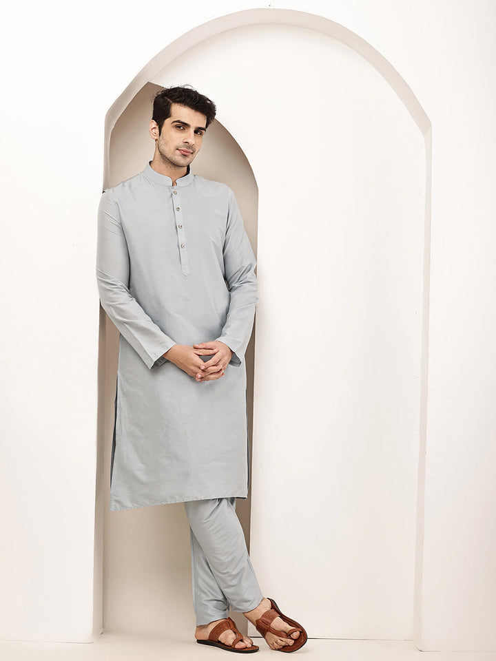 Men's Blue Straight Viscose Silk Kurta | SHOBITAM