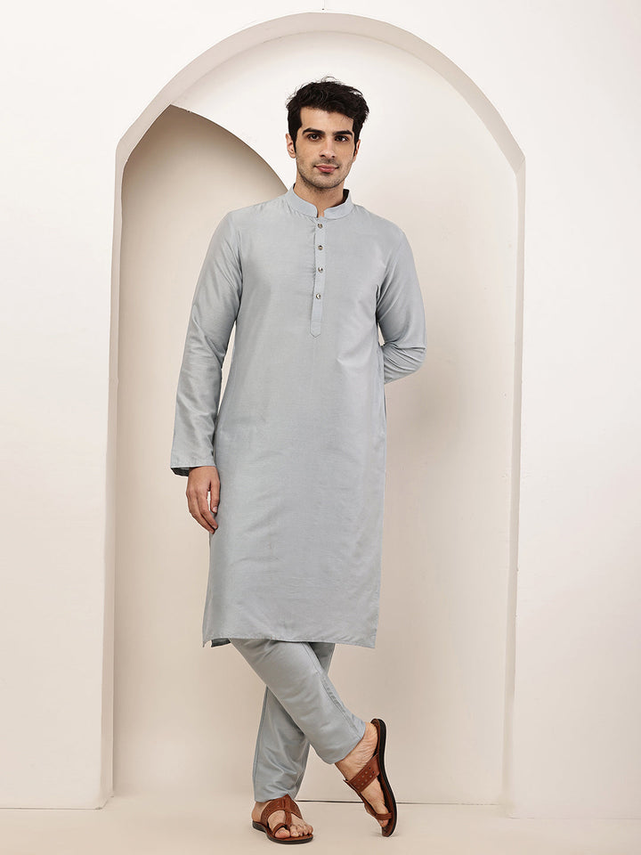Men's Blue Straight Viscose Silk Kurta | SHOBITAM