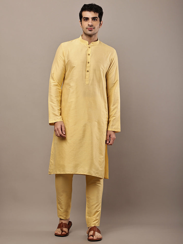 Men's Yellow Straight Viscose Silk Kurta Pyjama Set | SHOBITAM