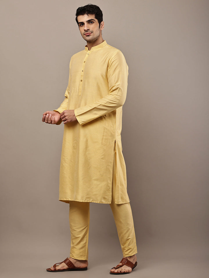 Men's Yellow Straight Viscose Silk Kurta Pyjama Set | SHOBITAM