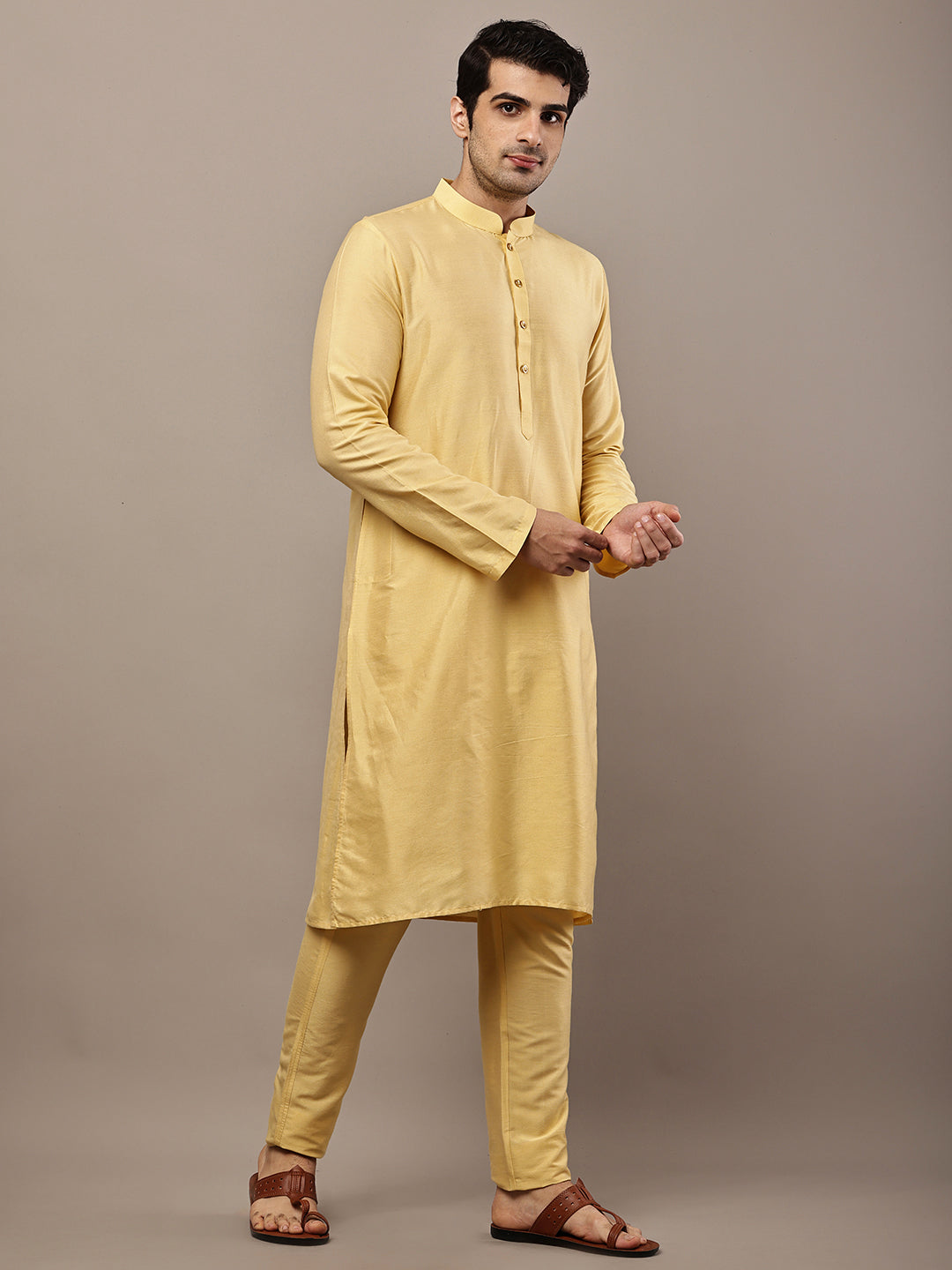 Men's Yellow Straight Viscose Silk Kurta Pyjama Set | SHOBITAM