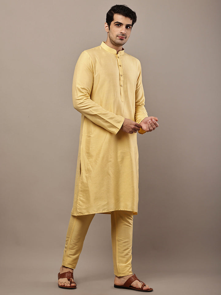 Men's Yellow Straight Viscose Silk Kurta Pyjama Set | SHOBITAM