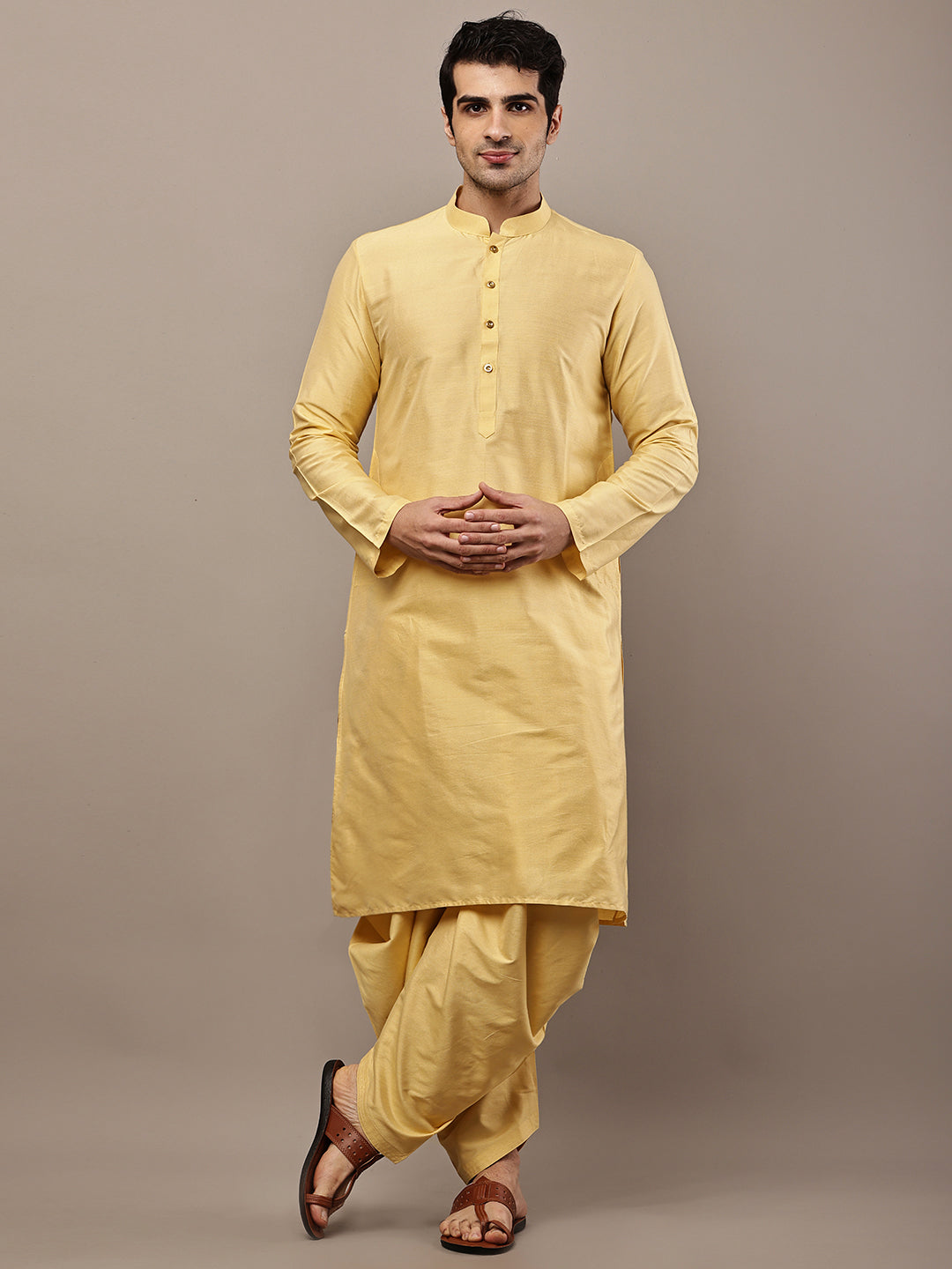 Men's Yellow Straight Viscose Silk Kurta | SHOBITAM
