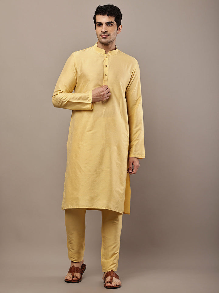 Men's Yellow Straight Viscose Silk Kurta | SHOBITAM