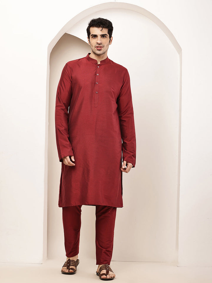 Men's Dark Red Straight Viscose Silk Kurta | SHOBITAM