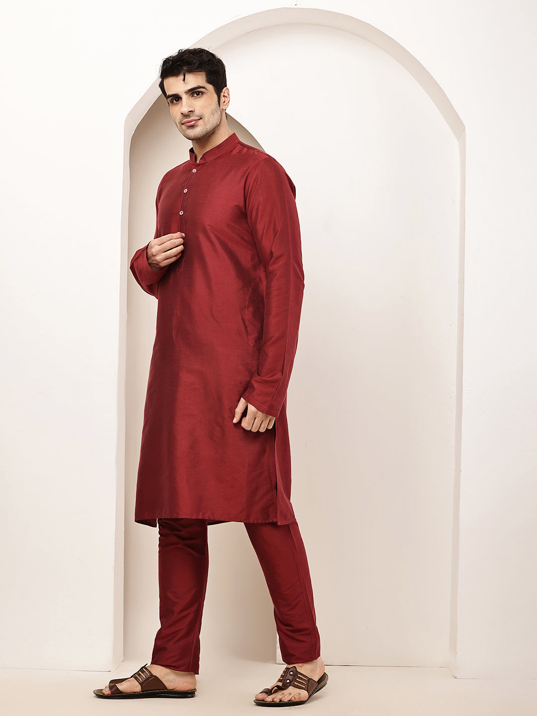 Men's Dark Red Straight Viscose Silk Kurta | SHOBITAM
