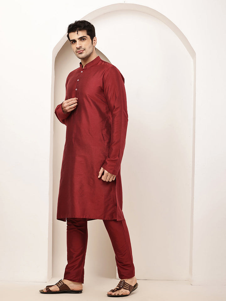 Men's Dark Red Straight Viscose Silk Kurta | SHOBITAM