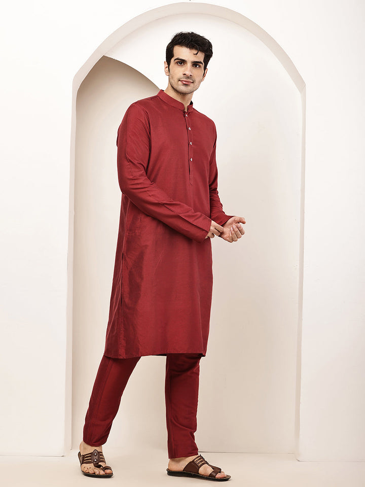 Men's Dark Red Straight Viscose Silk Kurta | SHOBITAM
