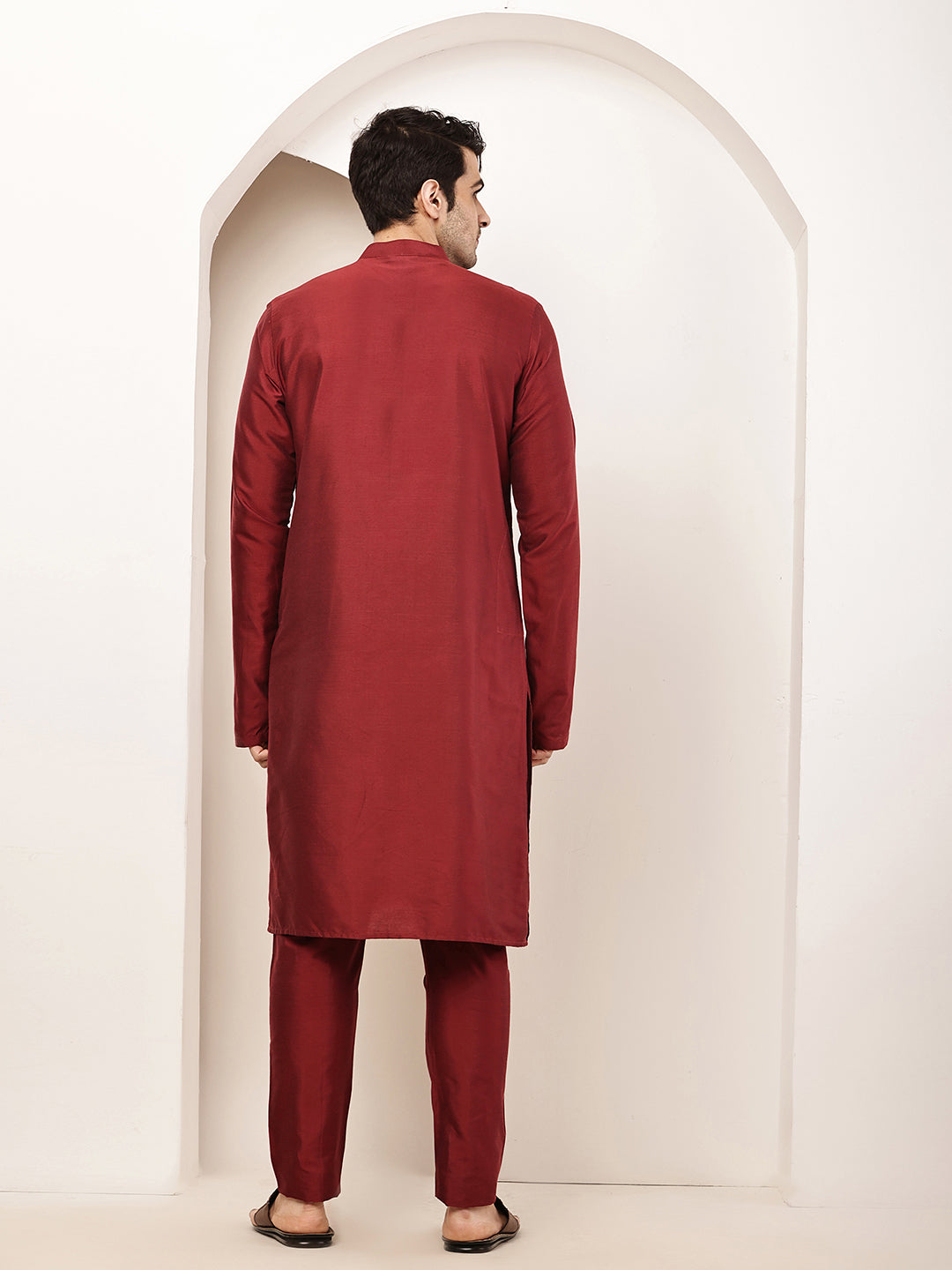Men's Dark Red Straight Viscose Silk Kurta | SHOBITAM