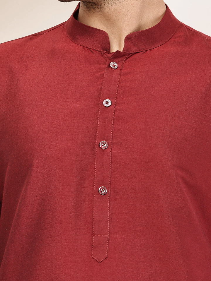 Men's Dark Red Straight Viscose Silk Kurta Pyjama Set | SHOBITAM