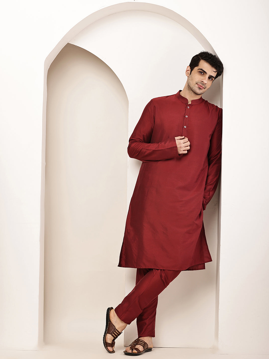 Men's Dark Red Straight Viscose Silk Kurta | SHOBITAM