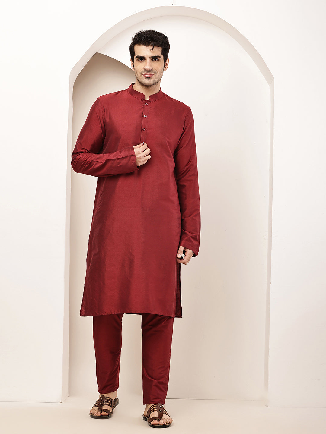 Men's Dark Red Straight Viscose Silk Kurta | SHOBITAM