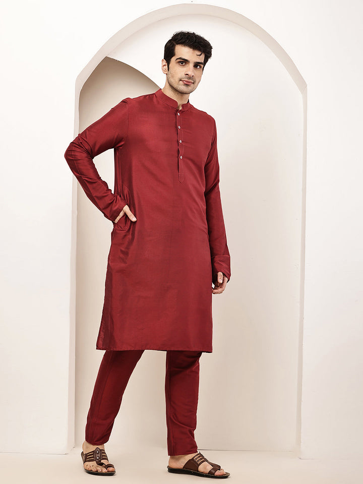 Men's Dark Red Straight Viscose Silk Kurta | SHOBITAM