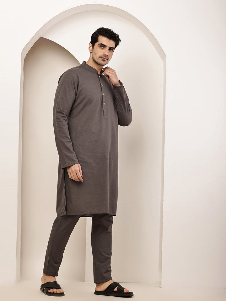 Men's Grey Straight Viscose Silk Kurta | SHOBITAM