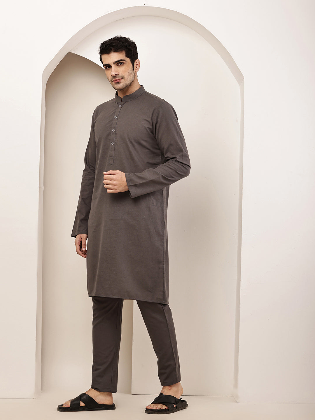 Men's Grey Straight Viscose Silk Kurta | SHOBITAM