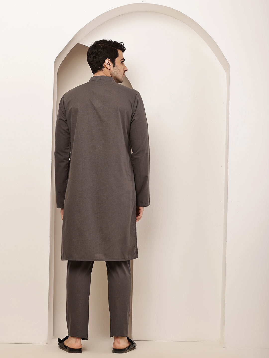 Men's Grey Straight Viscose Silk Kurta | SHOBITAM