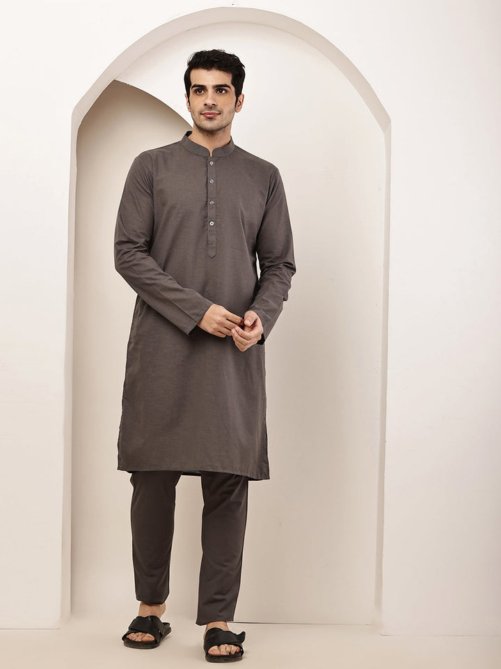Men's Grey Straight Viscose Silk Kurta | SHOBITAM