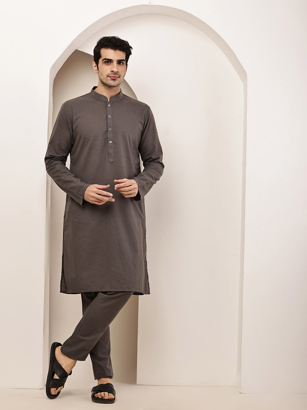 Men's Grey Straight Viscose Silk Kurta | SHOBITAM