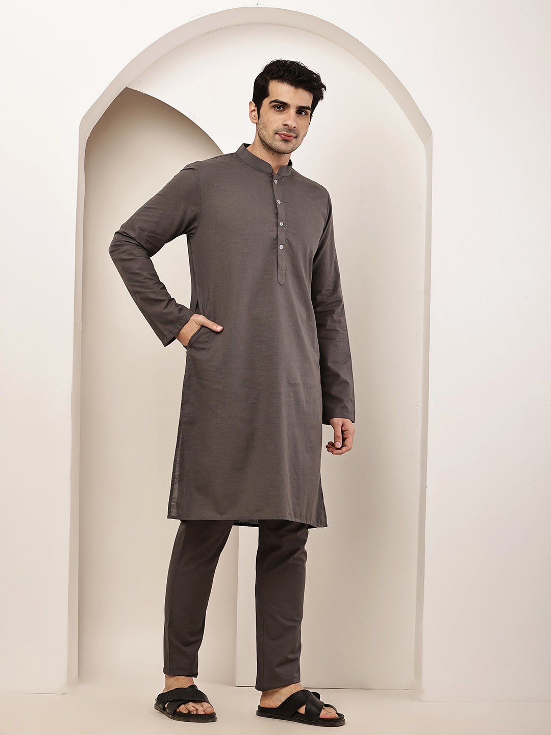 Men's Grey Straight Viscose Silk Kurta | SHOBITAM