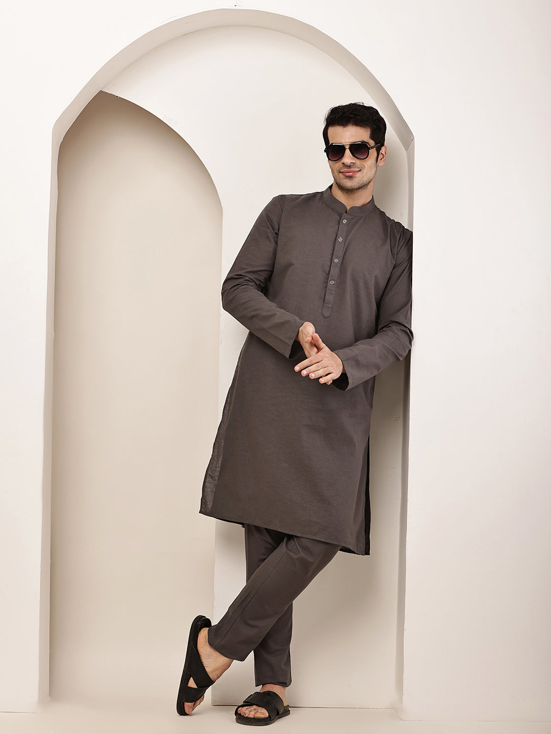 Men's Grey Straight Viscose Silk Kurta | SHOBITAM