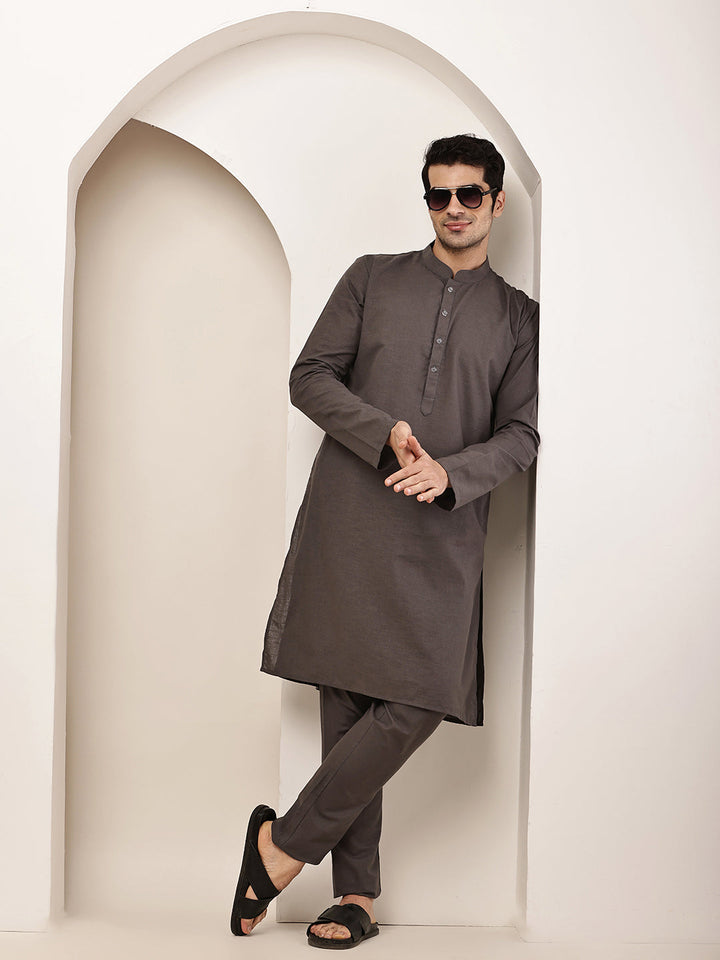 Men's Grey Straight Viscose Silk Kurta | SHOBITAM