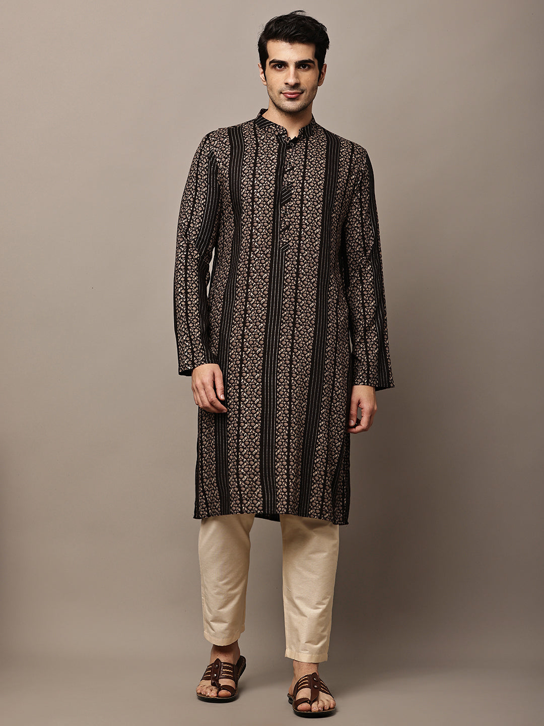 Men’s Black Textured Threadwork Kurta Pyjama Set | SHOBITAM