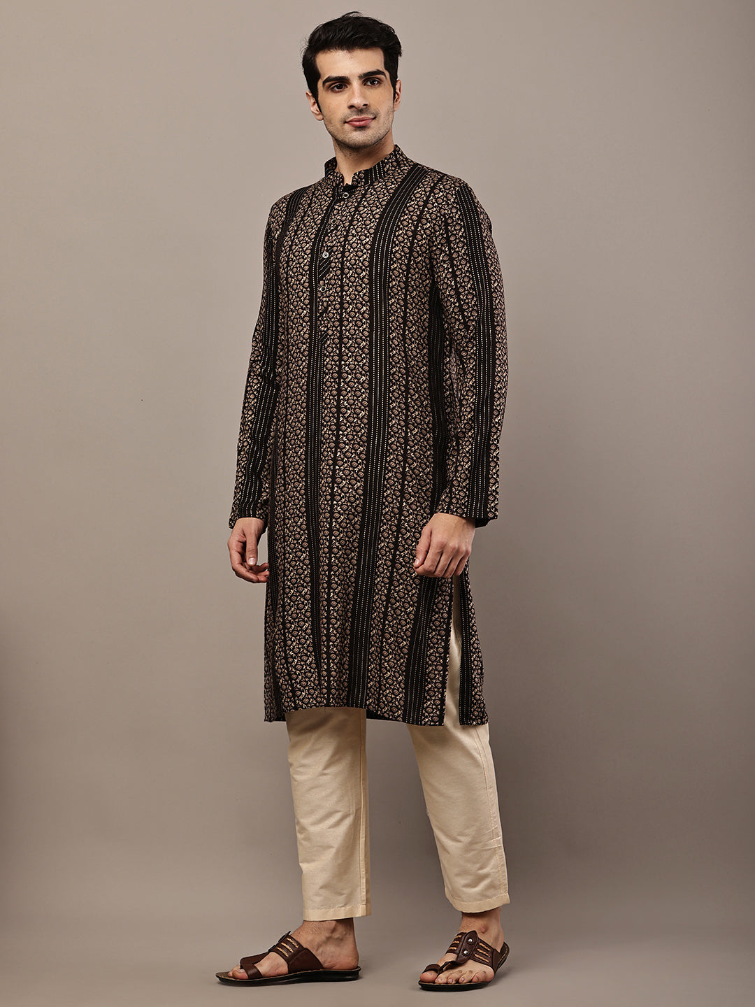 Men’s Black Textured Threadwork Kurta Pyjama Set | SHOBITAM