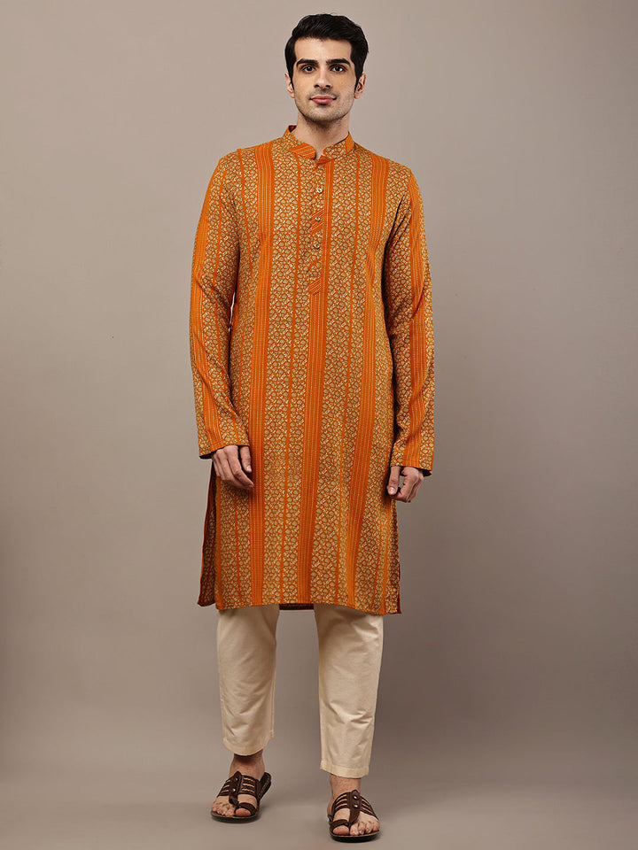 Men’s Mustard Textured Threadwork Kurta Pyjama Set | SHOBITAM