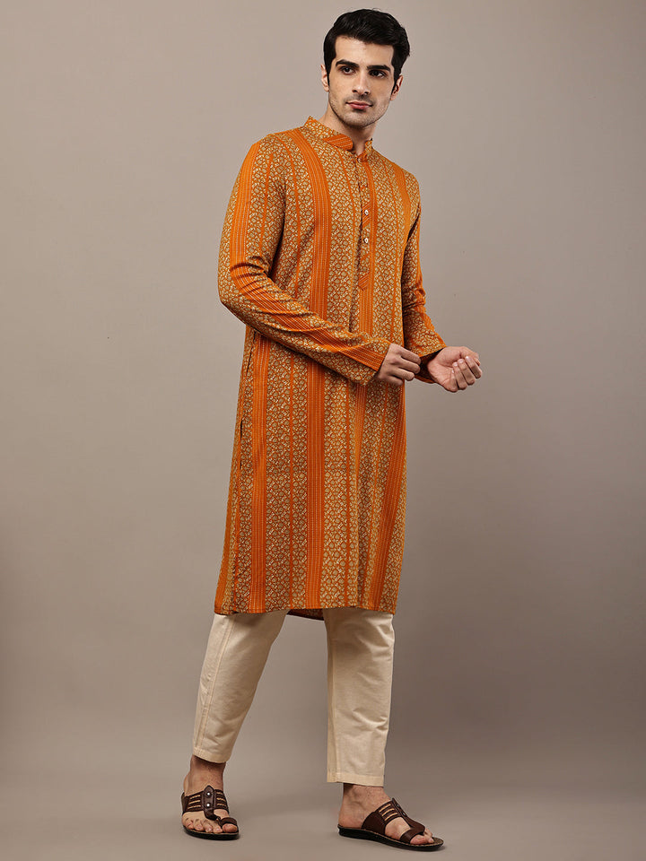 Men’s Mustard Textured Threadwork Kurta Pyjama Set | SHOBITAM
