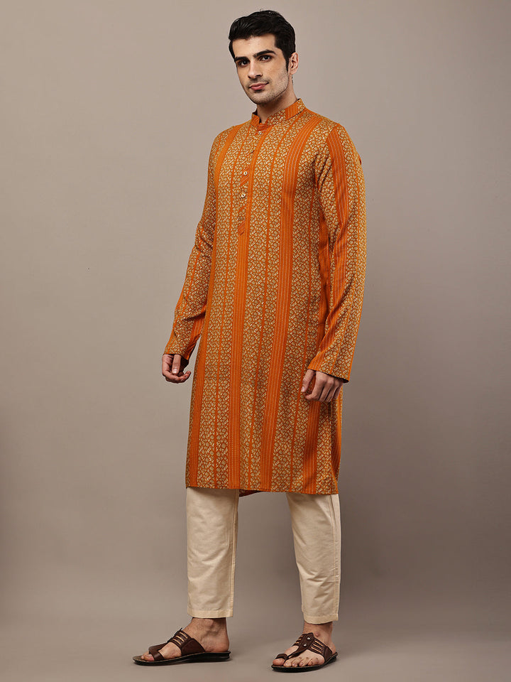 Men’s Mustard Textured Threadwork Kurta Pyjama Set | SHOBITAM