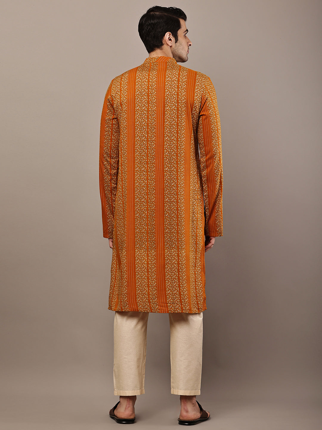 Men’s Mustard Textured Threadwork Kurta Pyjama Set | SHOBITAM