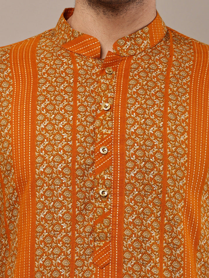 Men’s Mustard Textured Threadwork Kurta Pyjama Set | SHOBITAM