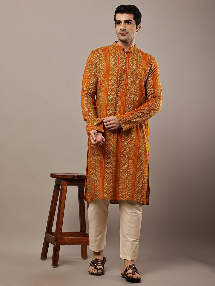 Men’s Mustard Textured Threadwork Kurta Pyjama Set | SHOBITAM