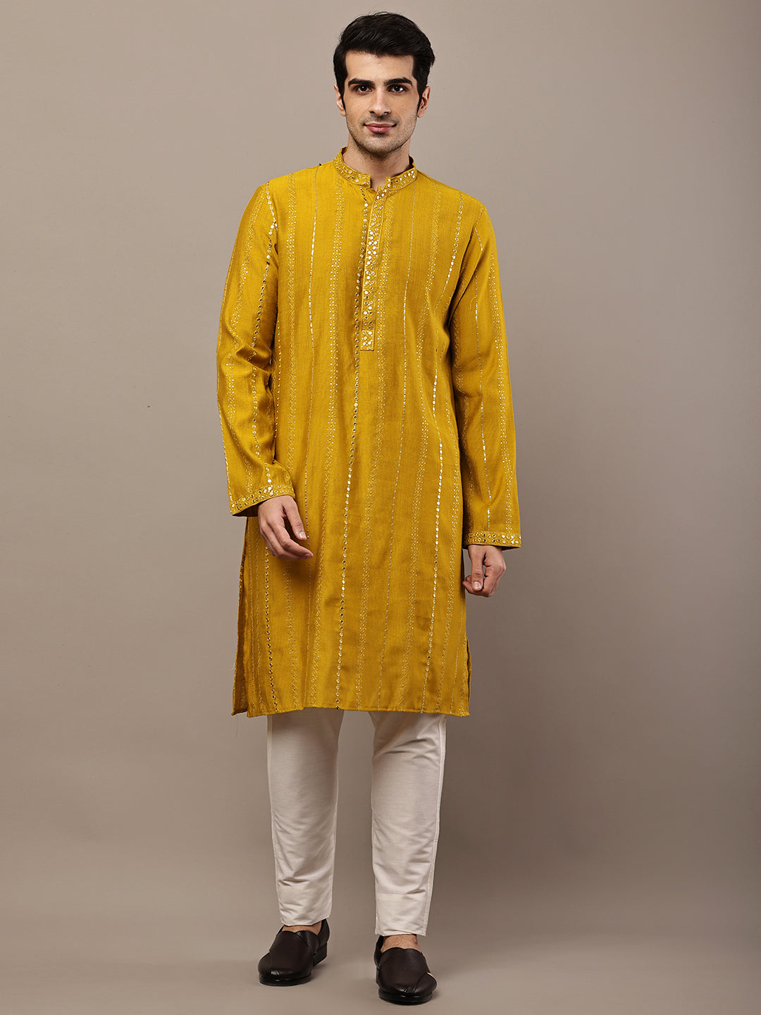 Men’s Mustard Textured Embroidered Kurta Pyjama Set | SHOBITAM