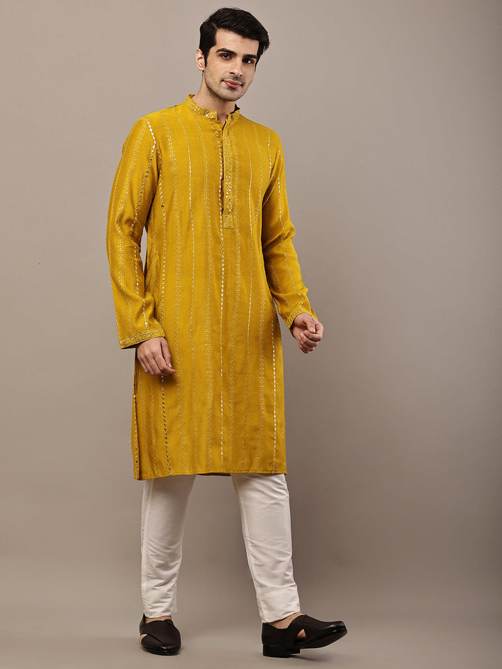 Men’s Mustard Textured Embroidered Kurta Pyjama Set | SHOBITAM