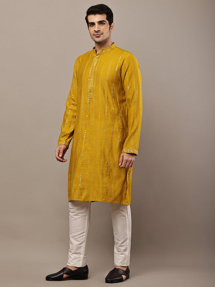 Viscose Men’s Mustard Textured Embroidered Kurta | SHOBITAM
