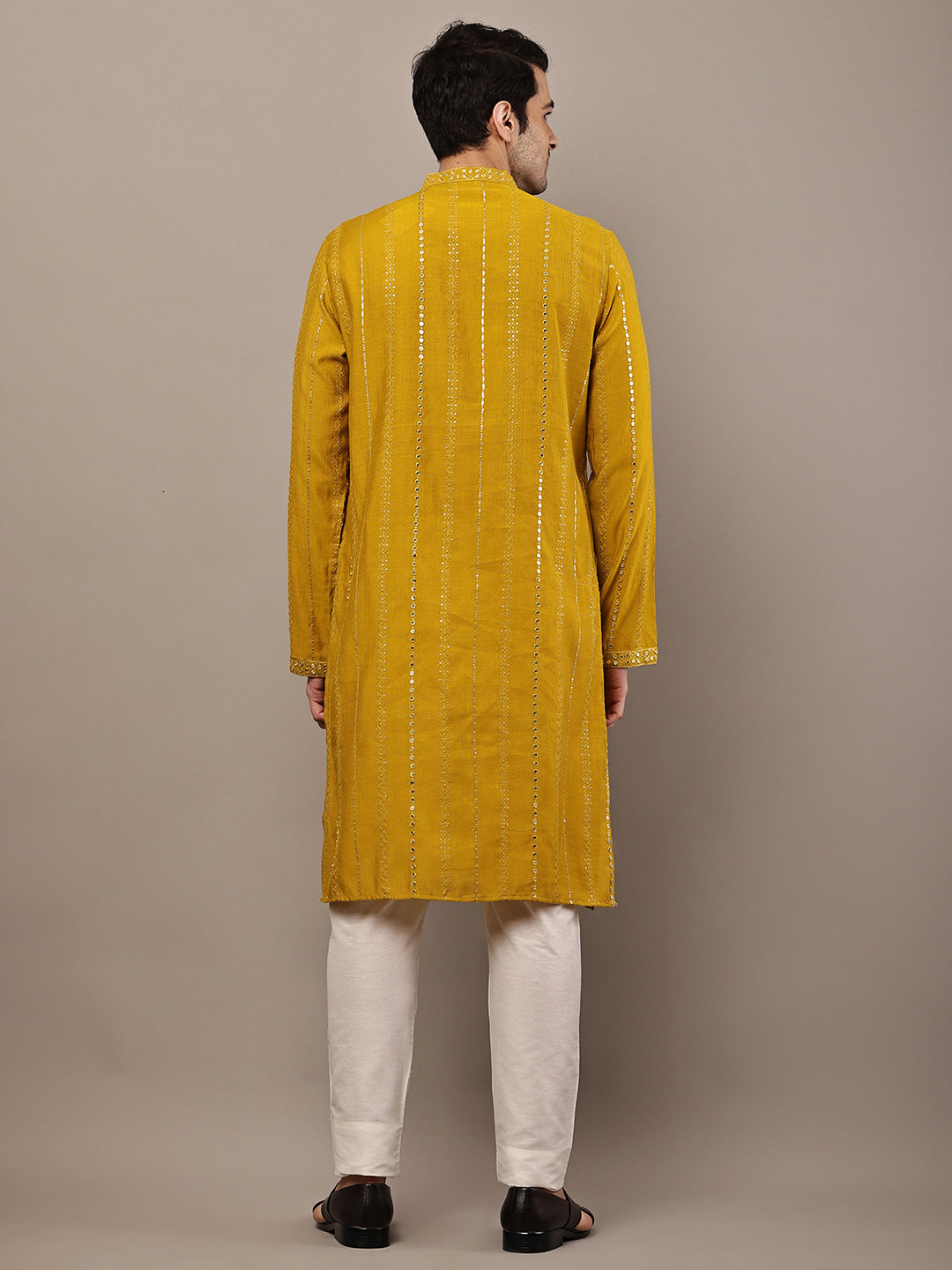 Men’s Mustard Textured Embroidered Kurta Pyjama Set | SHOBITAM