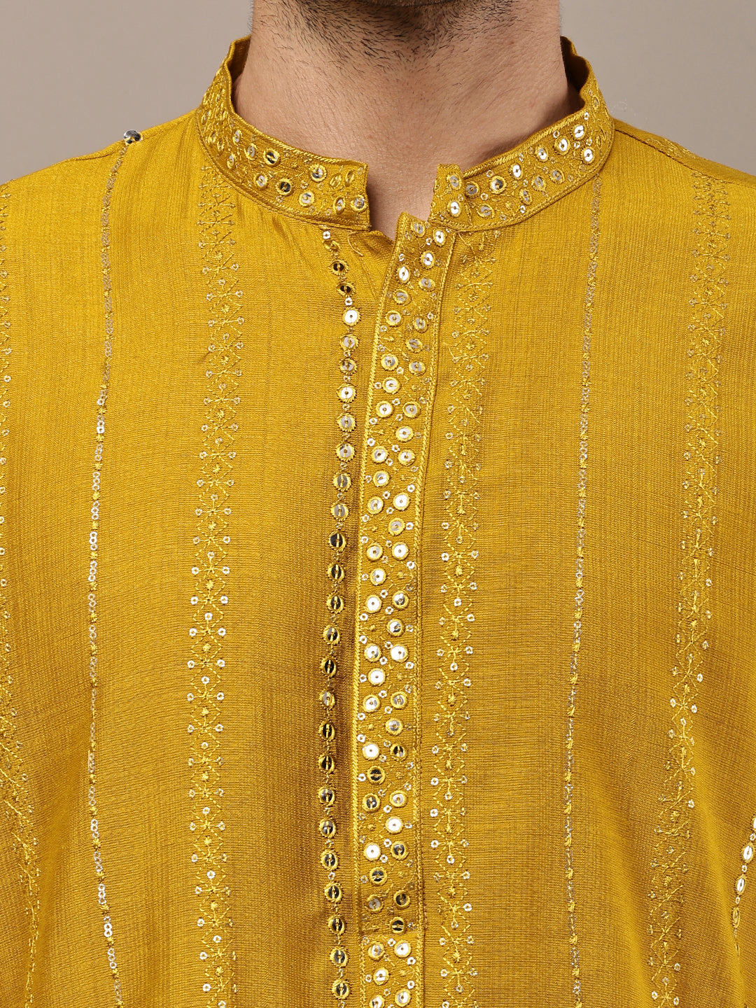Viscose Men’s Mustard Textured Embroidered Kurta | SHOBITAM