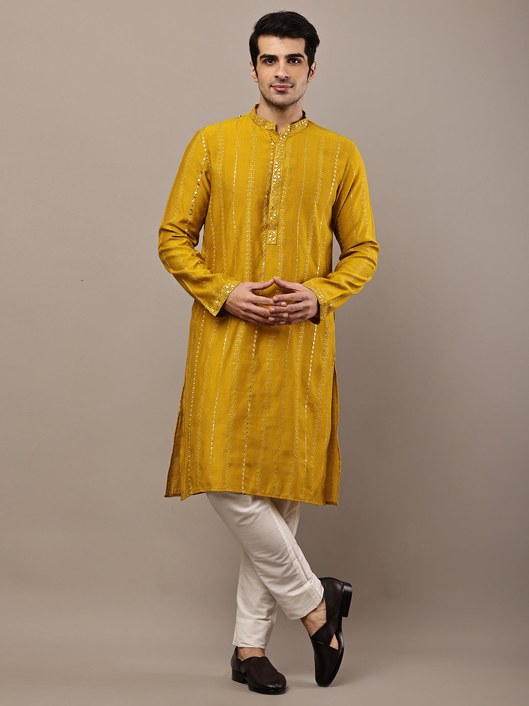 Viscose Men’s Mustard Textured Embroidered Kurta | SHOBITAM