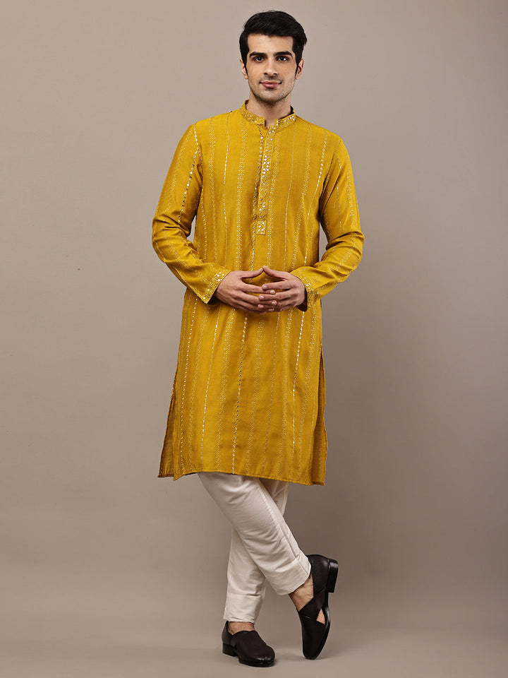 Men’s Mustard Textured Embroidered Kurta Pyjama Set | SHOBITAM