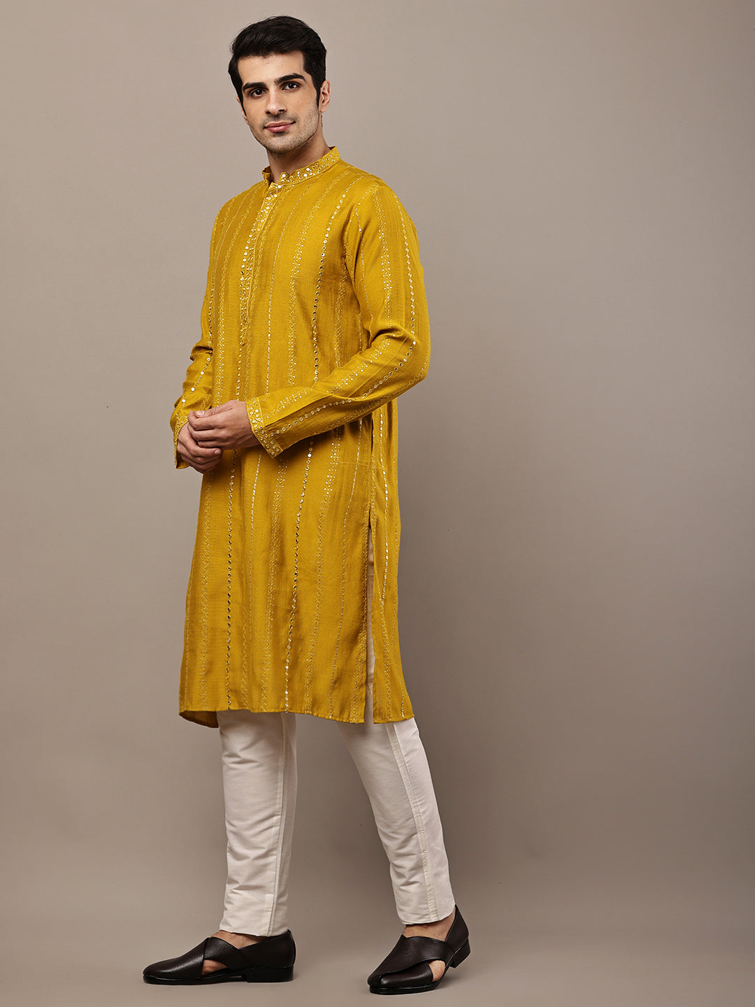 Viscose Men’s Mustard Textured Embroidered Kurta | SHOBITAM