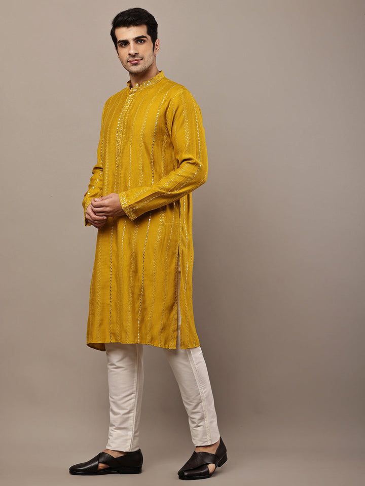 Viscose Men’s Mustard Textured Embroidered Kurta | SHOBITAM