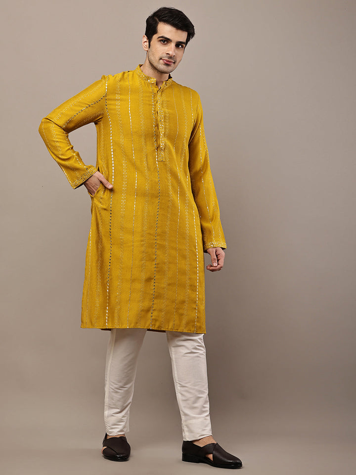 Viscose Men’s Mustard Textured Embroidered Kurta | SHOBITAM