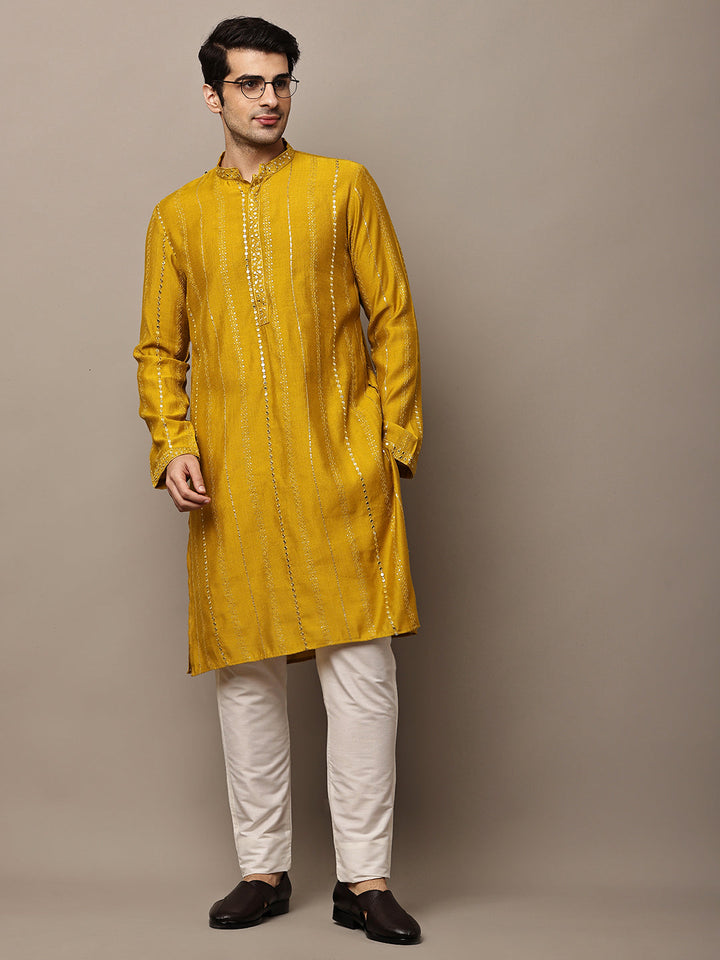 Viscose Men’s Mustard Textured Embroidered Kurta | SHOBITAM