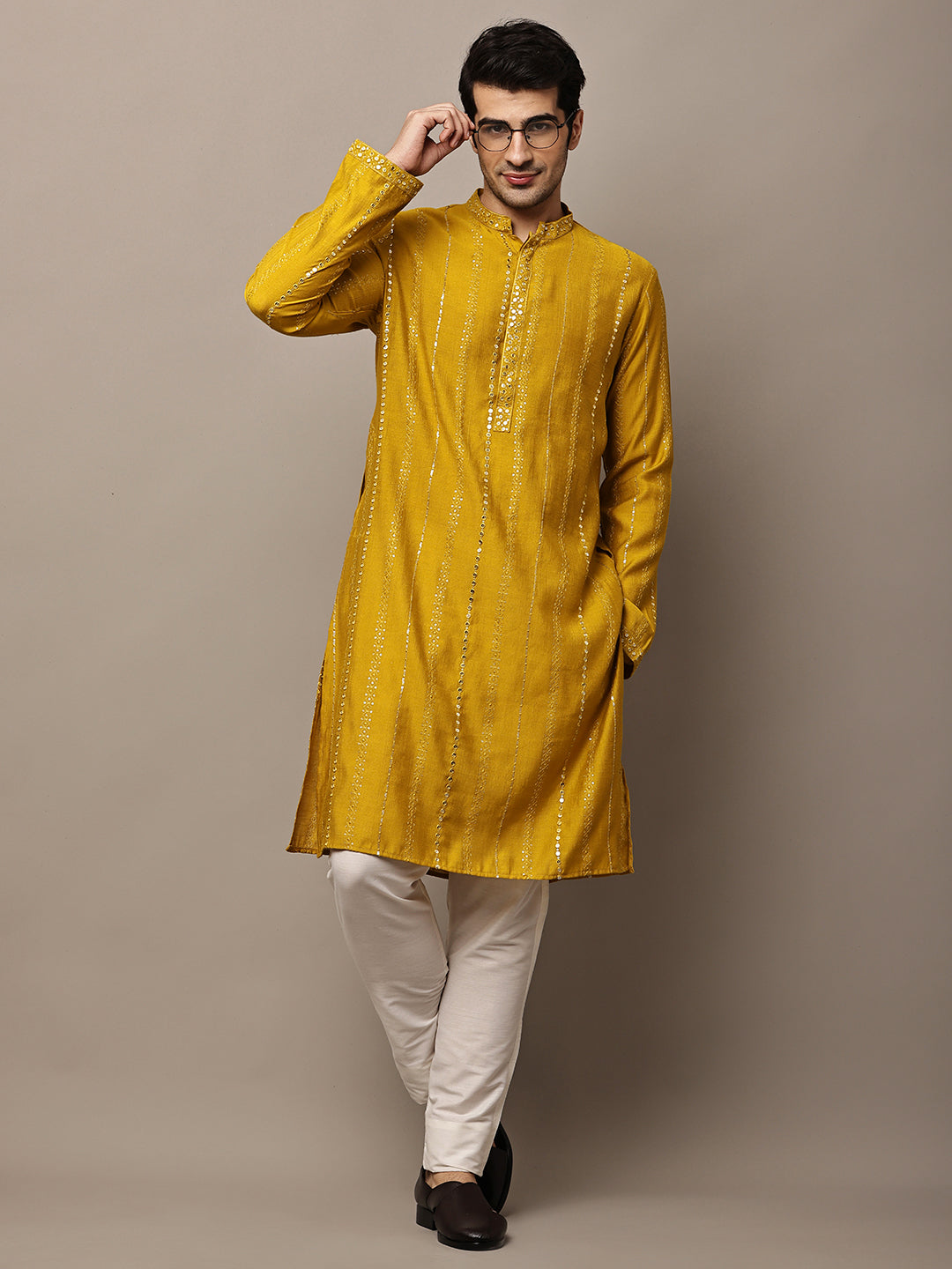 Viscose Men’s Mustard Textured Embroidered Kurta | SHOBITAM
