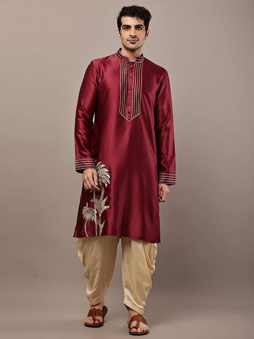 Viscose Men’s Maroon Embroidered Kurta with Contrast Threadwork &  Motif | SHOBITAM