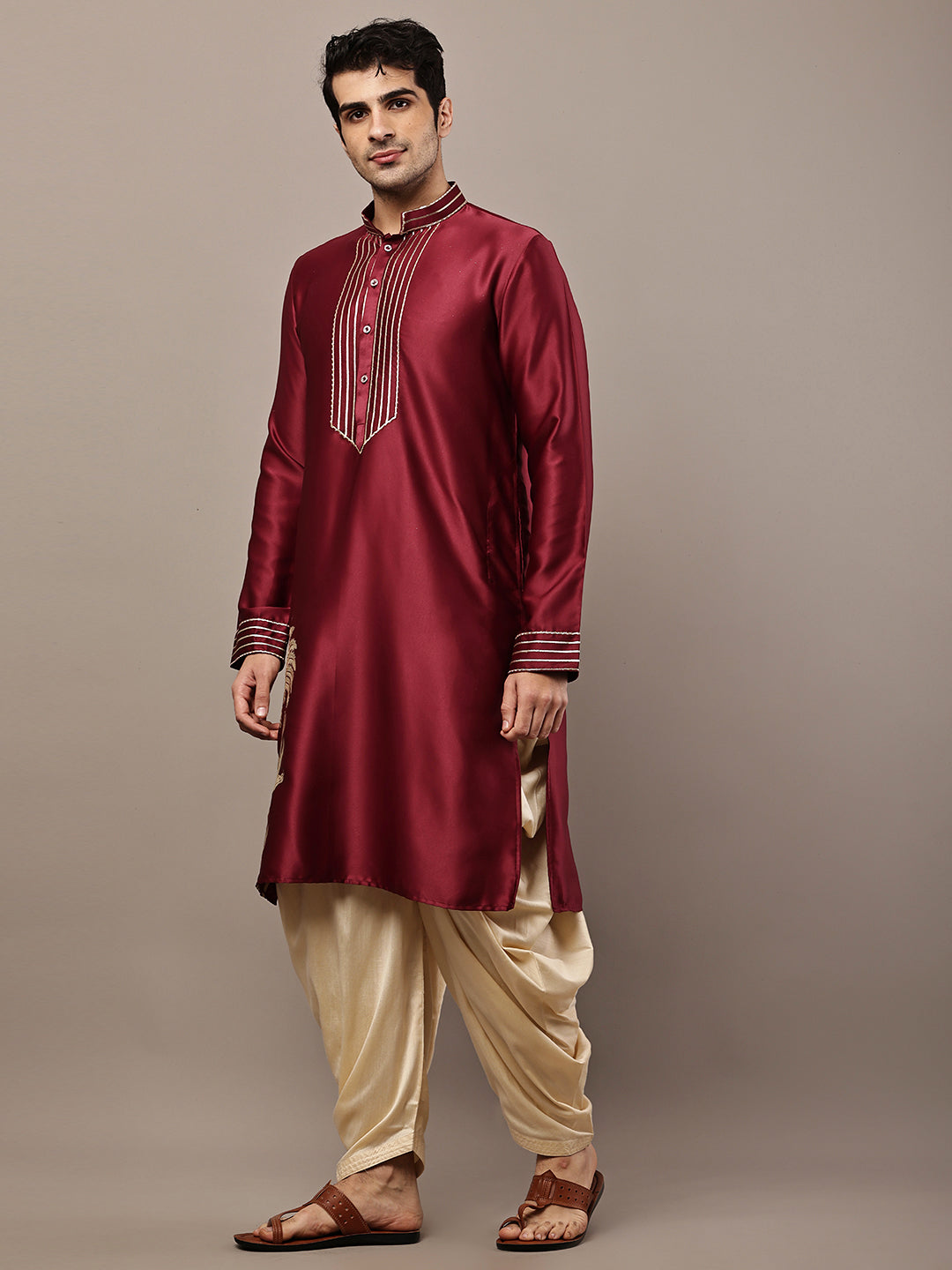 Viscose Men’s Maroon Embroidered Kurta with Contrast Threadwork &  Motif | SHOBITAM