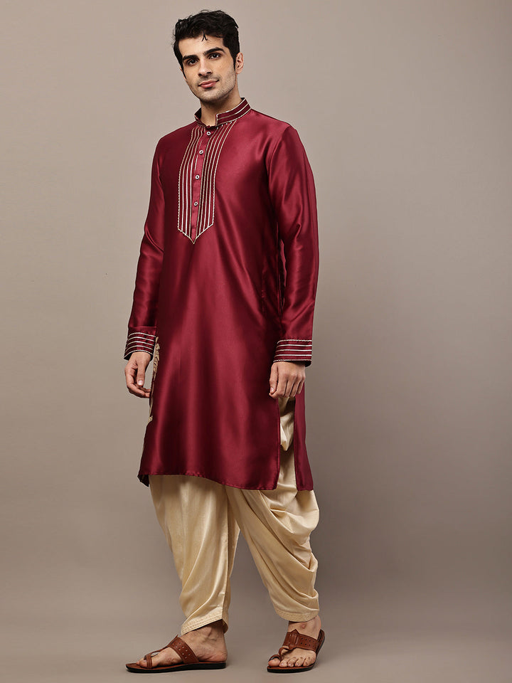Viscose Men’s Maroon Embroidered Kurta with Contrast Threadwork &  Motif | SHOBITAM