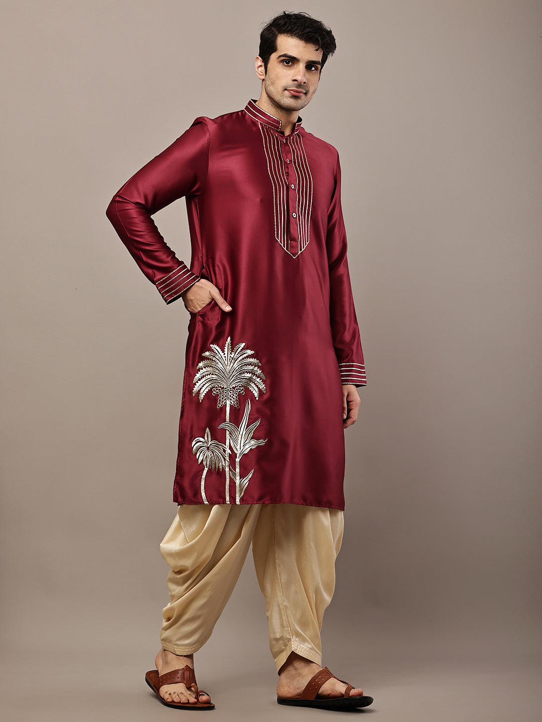 Viscose Men’s Maroon Embroidered Kurta with Contrast Threadwork &  Motif | SHOBITAM